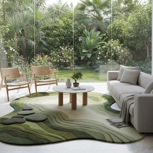 Tranquilidade exuberante Tapete tufado Verdant Meadow Tapete de lã feito à mão | Sala de estar contemporânea Decore seu espaço na tranquilidade exuberante da natureza