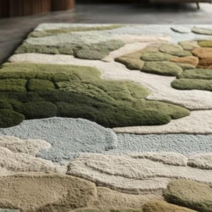May include: A textured area rug with a landscape design. The rug features a pattern of layered, organic shapes in shades of green, beige, and gray. The rug's design evokes a natural, earthy aesthetic, suitable for living rooms or bedrooms.