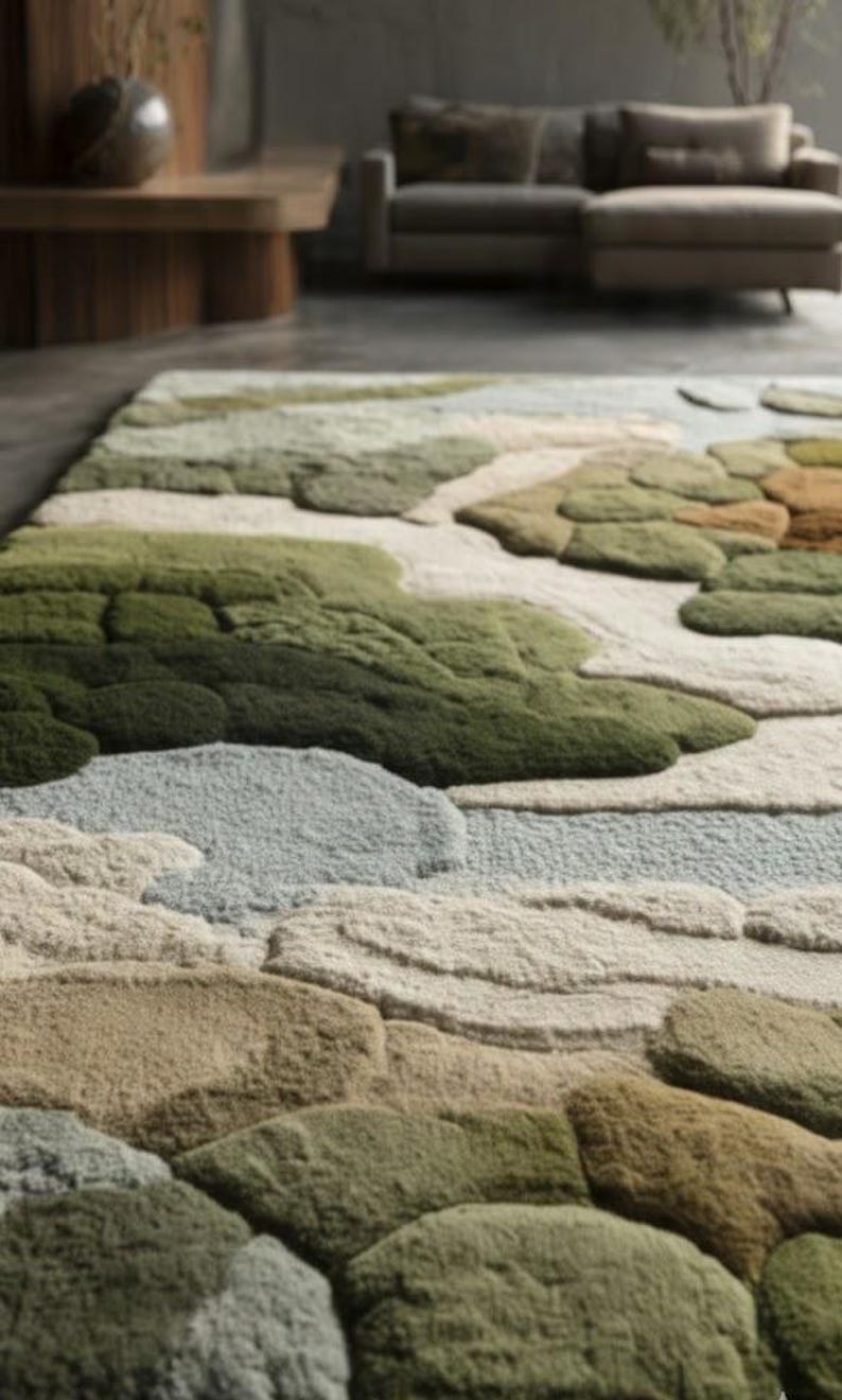 May include: A textured area rug with a landscape design. The rug features a pattern of layered, organic shapes in shades of green, beige, and gray. The rug's design evokes a natural, earthy aesthetic, suitable for living rooms or bedrooms.