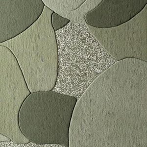 May include: Abstract textile design featuring organic shapes in varying shades of green and gray. The design includes textured, rounded forms with a speckled, lighter-toned central area, creating a modern, artistic pattern.