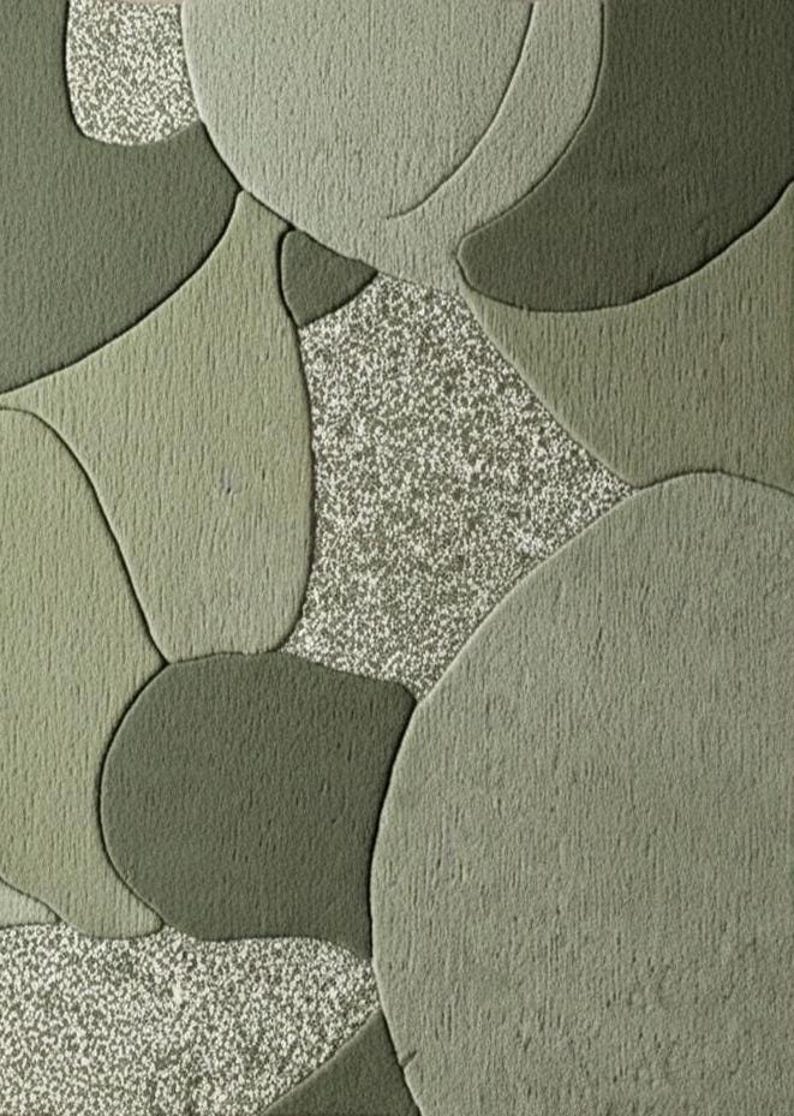 May include: Abstract textile design featuring organic shapes in varying shades of green and gray. The design includes textured, rounded forms with a speckled, lighter-toned central area, creating a modern, artistic pattern.