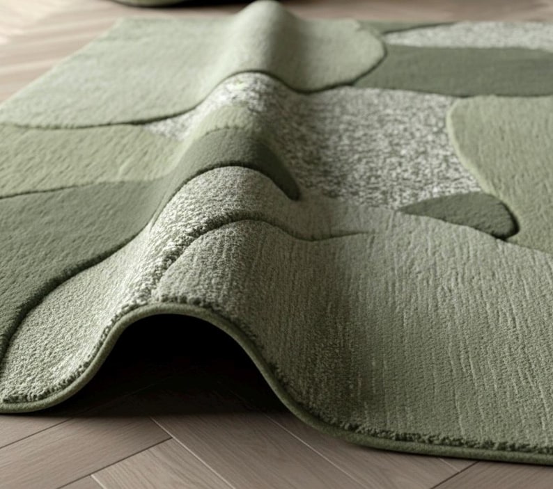 May include: A sage green area rug featuring a textured, abstract pattern of rounded shapes and speckled sections. The rug is folded over, revealing a thick, plush pile construction with varying surface heights and a soft, tufted finish.