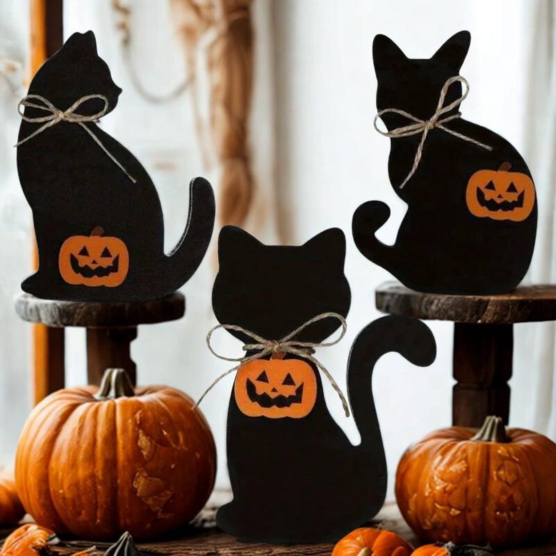 Black Cat Halloween Decor: Wooden Pumpkin Kitty Ornament - Etsy