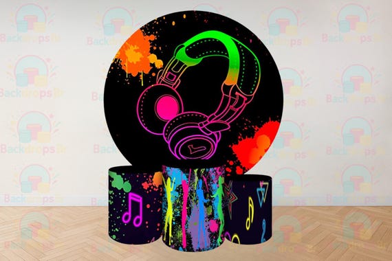 Neon Dj Party Cartoon Inspired Round Backdrop Cylinders Cover Round Backdrop Cover Photo Photography Background