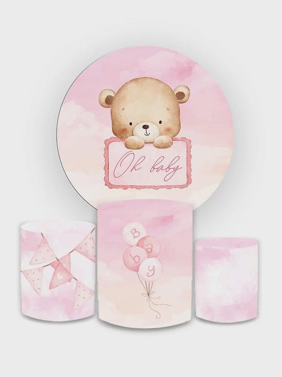 Baby Shower Backdrop | baby shower bear| Cylinders Cover Round Backdrop Cover Photo Photography Background