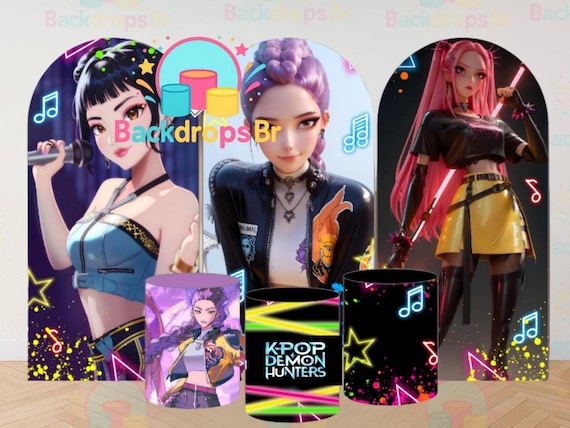K pop Demons Hunters Inspired Arch Backdrop Set 6 Pieces | Cylinder Covers for Birthday Party