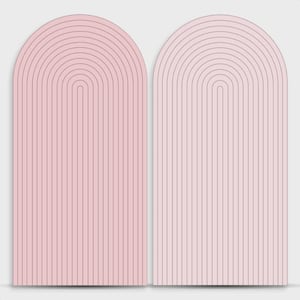 May include: Two pink arched wall art panels. Each panel features a series of vertical lines with a curved top, creating a minimalist design. The panels are in varying shades of pink, offering a subtle contrast.