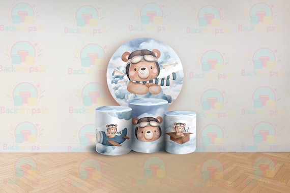 Cartoon Aviator Bear Inspired Round Backdrop Cylinders Cover Round Backdrop Cover Photo Photography Background