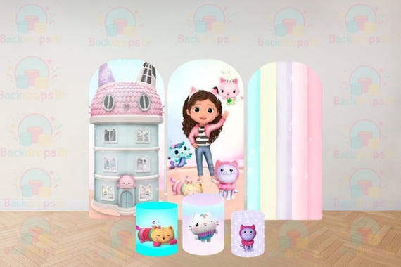Gabby Magical House Inspired Arch Backdrop Set 6 Pieces | Cylinder Covers for Birthday Party