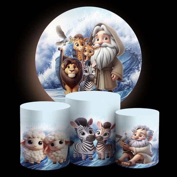 Cartoon Noah’s Ark Inspired Round Backdrop Cylinders Cover Round Backdrop Cover Photo Photography Background