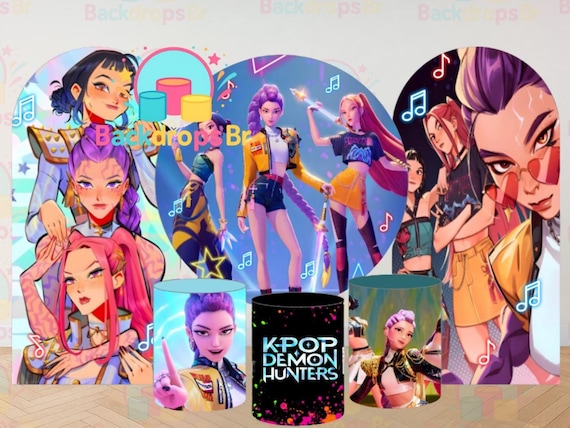 K-pop Demon Hunters |Cartoon Arch Backdrop+ Round Backdrop + Cylinders Covers Backdrop 6 pieces| PhotographyBackdrop| Birthday Backdrop