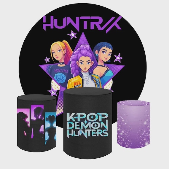 Kpop Demon Hunter Cartoon Inspired Round Backdrop Cylinders Cover Round Backdrop Cover Photo Photography Background