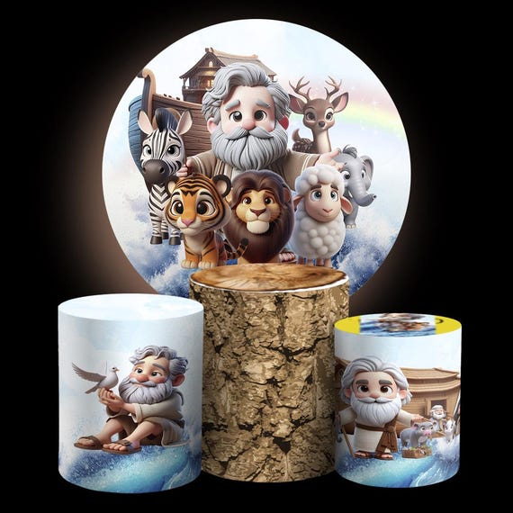 Cartoon Noah’s Ark Inspired Round Backdrop Cylinders Cover Round Backdrop Cover Photo Photography Background