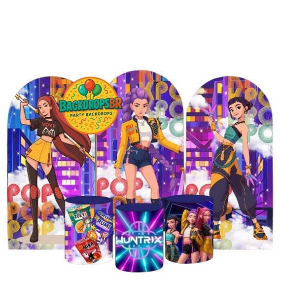 K pop Demons Hunters Inspired Arch Backdrop Set 6 Pieces | Cylinder Covers for Birthday Party