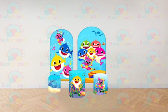 Shark Family Inspired Arch Backdrop Set 5 Pieces | Cylinder Covers for Birthday Party