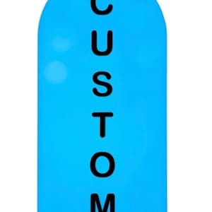 May include: A bright blue, arched rectangle with the word "CUSTOM" printed vertically in bold, black letters. The design is simple and modern, with a clean, minimalist aesthetic.