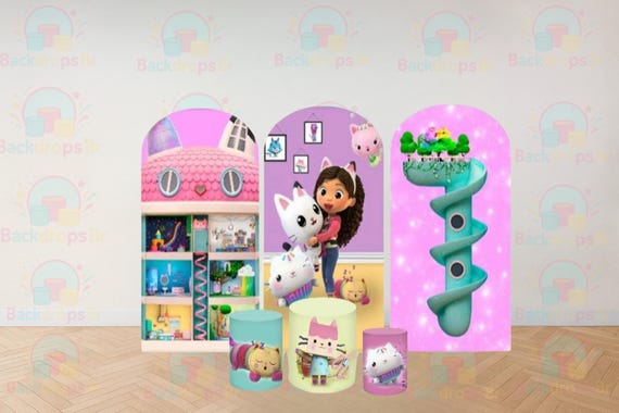 Gabby Magical House Inspired Arch Backdrop Set 6 Pieces | Cylinder Covers for Birthday Party