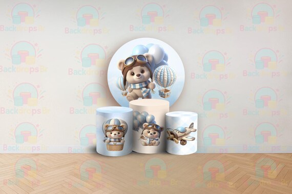 Cartoon Aviator Bear Inspired Round Backdrop Cylinders Cover Round Backdrop Cover Photo Photography Background