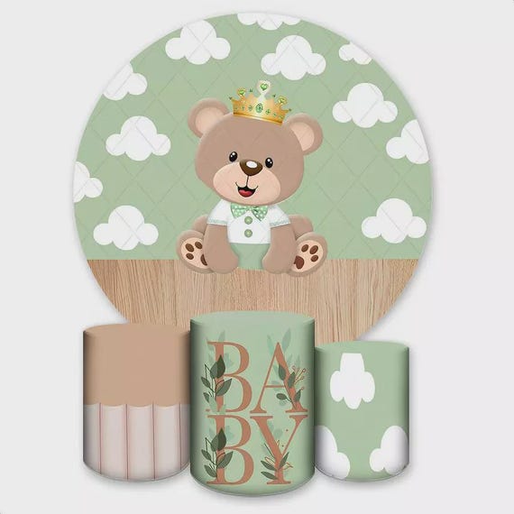 Baby Shower Backdrop | baby shower bear| Cylinders Cover Round Backdrop Cover Photo Photography Background