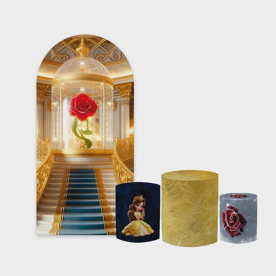 Cartoon princess and red rose Arch Backdrop Set 4 Pieces | Cylinder Covers for Birthday Party