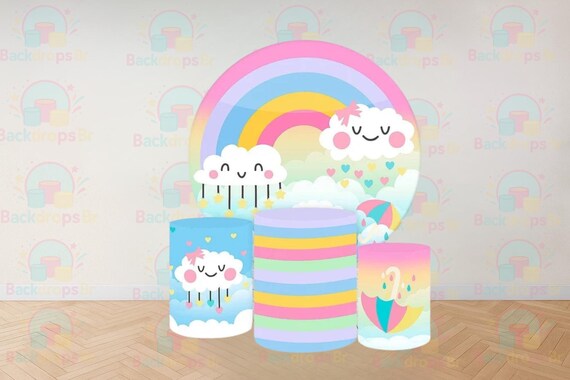 Rainbow Clouds Cartoon Inspired Round Backdrop Cylinders Cover Round Backdrop Cover Photo Photography Background