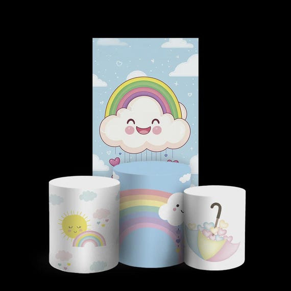 Baby Shower Arch Backdrop Set 4 Pieces | Oh baby arch backdrop |Cylinder Covers for Birthday Party| bear babyshower rainbow | clouds