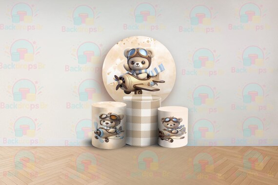 Cartoon Aviator Bear Inspired Round Backdrop Cylinders Cover Round Backdrop Cover Photo Photography Background