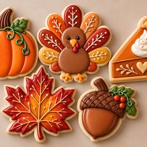 May include: Five decorated sugar cookies featuring autumn themes: a bright orange pumpkin with green vines, a brown turkey with colorful feathers, a slice of pumpkin pie with whipped cream, a red and orange maple leaf, and a brown acorn.