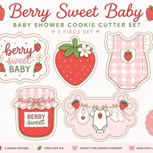 K&ouml;nnte beinhalten: Ein 5-teiliges Ausstechformen-Set mit Erdbeermotiven, bestehend aus einem Schild mit dem Text Berry Sweet Baby, einer Erdbeere, einem karierten Baby-Body, einem Marmeladenglas mit der Aufschrift Berry Sweet und einer W&auml;scheleine mit Babyartikeln.