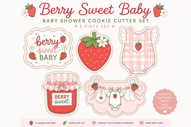 K&ouml;nnte beinhalten: Ein 5-teiliges Ausstechformen-Set mit Erdbeermotiven, bestehend aus einem Schild mit dem Text Berry Sweet Baby, einer Erdbeere, einem karierten Baby-Body, einem Marmeladenglas mit der Aufschrift Berry Sweet und einer W&auml;scheleine mit Babyartikeln.