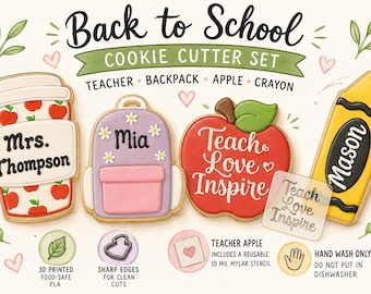 Back to School Cookie Cutter Set 5-Piece | 3D Printed Cutters with Stencil