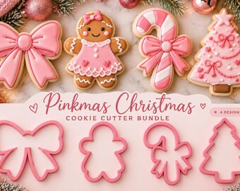 Pinkmas Christmas Cookie Cutter Set, 4 Piece Coquette Bundle, Bow, Gingerbread Girl, Candy Cane, Christmas Tree, Holiday Baking