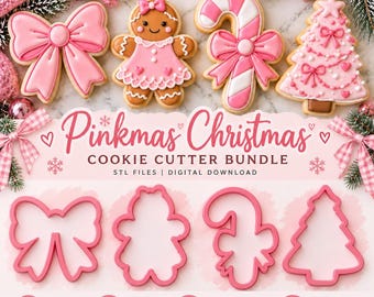 Pinkmas Christmas Cookie Cutter STL Bundle, 4 Designs, Coquette Bow, Gingerbread Girl, Candy Cane, Christmas Tree, 3D Print Files
