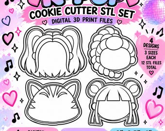 K-Pop Cookie Cutter STL Bundle | Girl Faces Pigtails Braids Cat | Digital 3D Print Files