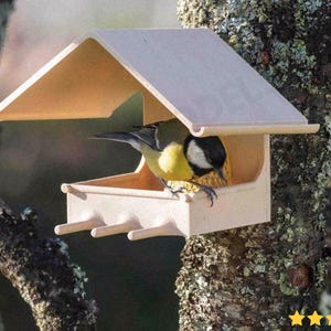 May include: A wooden bird feeder with a pitched roof, mounted on a tree branch. A small bird with yellow, black, and white plumage is perched inside, feeding. The feeder has three dowels for perches.