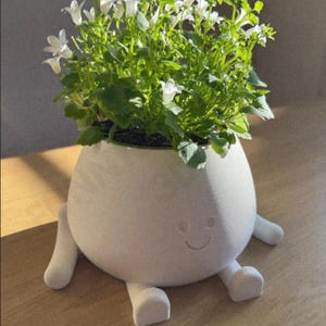 Może przedstawiać: Biała ceramiczna doniczka z uśmiechniętą twarzą i czterema nogami, zawierająca zieloną roślinę z białymi kwiatami. Doniczka stoi na drewnianej powierzchni. Tekst "@P3PDesign" znajduje się w lewym dolnym rogu.