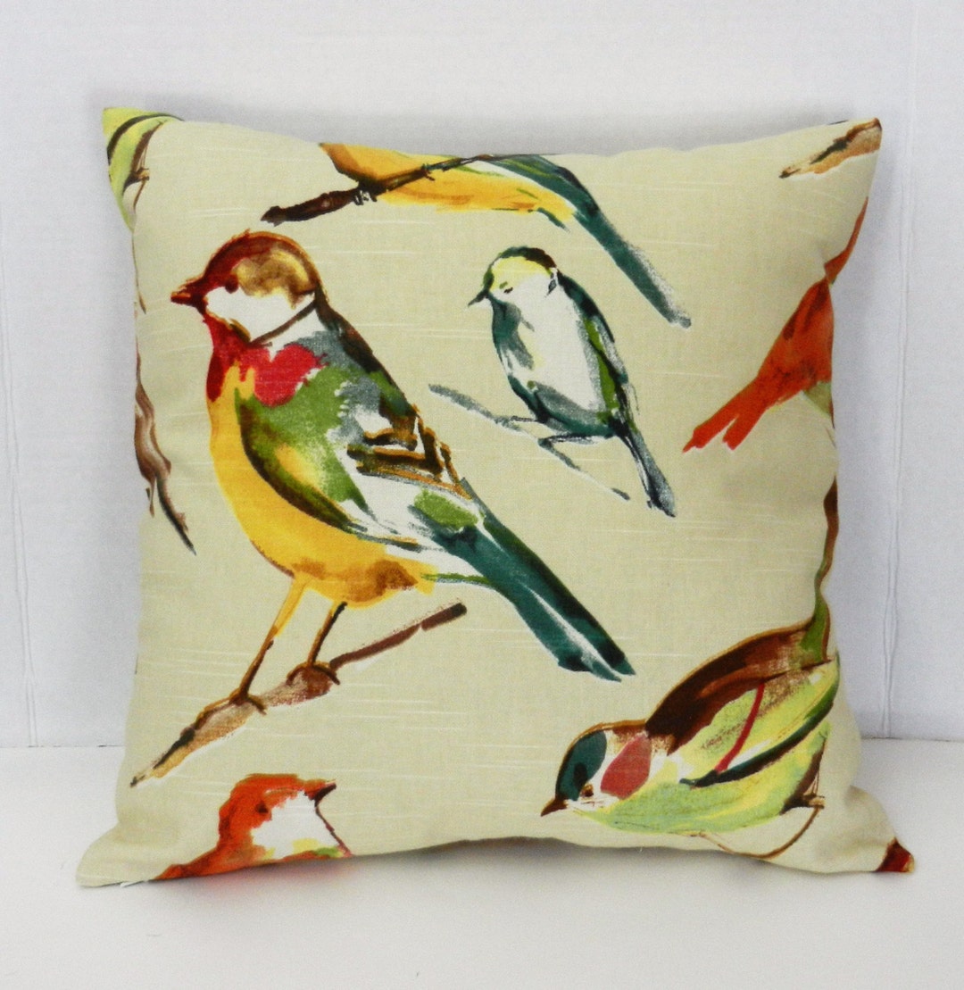 Birds Pillow Cover Cream Green Orange Purple Gold Etsy