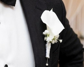 White Calla Lily Boutonniere: Minimalist Wedding Lapel Flower Accessory