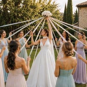 May include: A white sleeveless wedding dress with a V-neckline and a full skirt, worn by a person holding a bouquet of white flowers. Several long, pastel-colored ribbons extend from the bouquet to the hands of surrounding individuals.