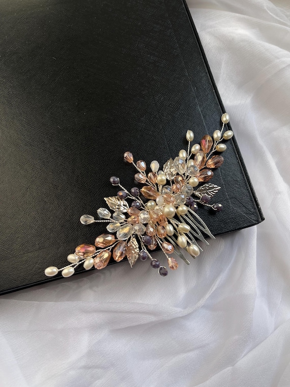 Luxury Champagne Crystal Bridal Hair Comb, Ivory Pearl Wedding Hair Accessory