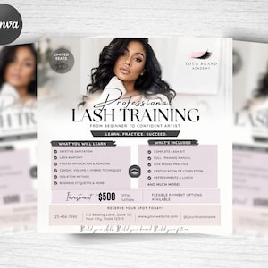 Könnte beinhalten: Werbeflyer für professionelles Wimperntraining. Der Flyer zeigt eine Frau mit dunklem Haar und den Text "Professional Lash Training" mit Details zu den Lerninhalten und dem Kursumfang. Der Flyer enthält auch Kontaktinformationen und die Kosten des Kurses.