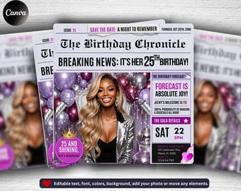 May include: A digital newspaper-style birthday invitation template titled The Birthday Chronicle. It features a photo of a person with long blonde hair wearing a silver sequin blazer, surrounded by purple and silver balloons and text.