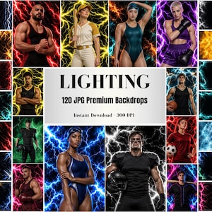 Könnte beinhalten: Eine digitale Sammlung von 120 Premium-JPG-Hintergründen mit verschiedenen Athleten in Sportkleidung vor lebendigen, farbenfrohen Blitzmustern. Der zentrale Text lautet LIGHTING 120 JPG Premium Backdrops Instant Download 300 DPI.