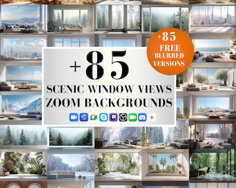 May include: A collection of scenic window views for Zoom backgrounds. The image features various interior scenes with views of mountains, oceans, forests, and cityscapes. Text on the image reads "+85 FREE BLURRED VERSIONS" and "SCENIC WINDOW VIEWS ZOOM BACKGROUNDS."
