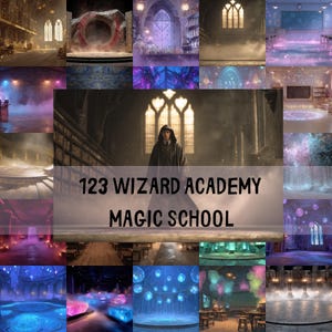 Könnte beinhalten: Eine Collage von Bildern mit Szenen aus einer Zaubererakademie. Das zentrale Bild zeigt eine Person in einem Kapuzenmantel. Der Text auf dem Bild lautet "123 WIZARD ACADEMY MAGIC SCHOOL". Die Bilder zeigen magische Umgebungen.