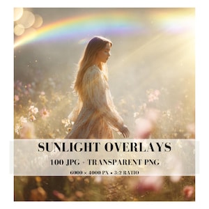 Op de afbeelding: Een digitale collectie van zonlicht-overlays met 100 JPG- en transparante PNG-bestanden. De tekst luidt SUNLIGHT OVERLAYS, 100 JPG + TRANSPARENT PNG, 6000 x 4000 PX, 3:2 RATIO. De afbeelding toont een persoon in een veld met bloemen.