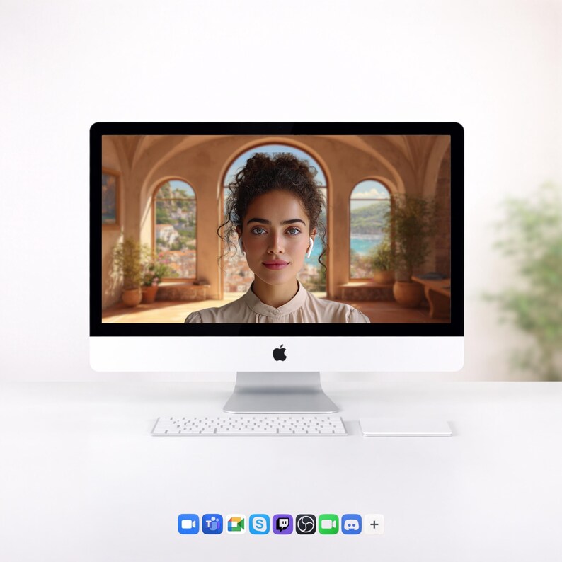 May include: A silver iMac computer with a white keyboard and trackpad on a white desk. The computer screen displays a woman with curly hair wearing earbuds. The background behind the woman is a scenic view of a building with arched windows.