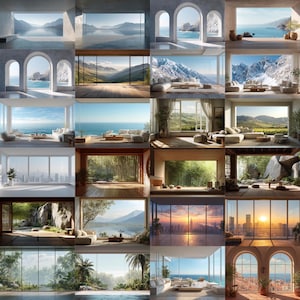 May include: A collage of interior design concepts, each featuring large windows with scenic views. The views include mountains, oceans, forests, and cityscapes. The rooms are furnished with sofas and chairs, showcasing a modern aesthetic.