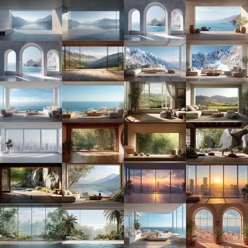 May include: A collage of interior design concepts, each featuring large windows with scenic views. The views include mountains, oceans, forests, and cityscapes. The rooms are furnished with sofas and chairs, showcasing a modern aesthetic.