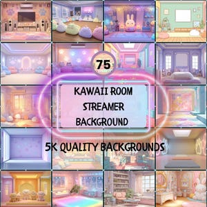 Puede incluir: Un collage de 12 fondos de habitación kawaii en colores pastel para streamers. Los fondos presentan varios diseños de habitaciones con elementos lindos como huellas de patas, pufs y un gran conejito. El texto en la imagen dice "KAWAII ROOM STREAMER BACKGROUND" y "5K QUALITY BACKGROUNDS".